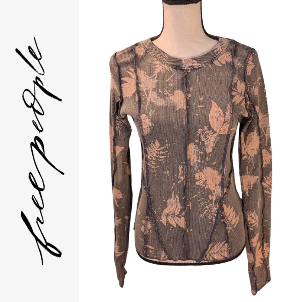 Free People We The Free Long Sleeve Tee – Green with Bleached Leaf Pattern